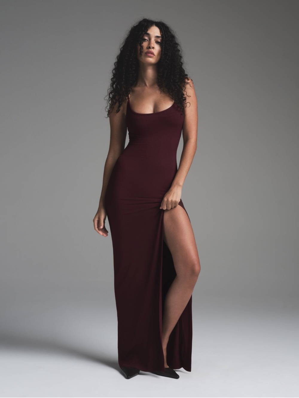 SKIMS Soft Lounge Cami Plunge High Slit Dress in Bordeaux
